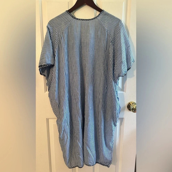 SUNDRY Anthropologie Blue White Stripe 100% Cotton Beach Pool Dress Sz 1 POCKETS - Picture 2 of 12